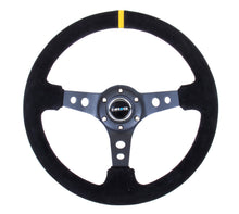 NRG Reinforced Steering Wheel (350mm / 3in. Deep) Blk Suede w/Circle Cut Spokes & Single Yellow CM
