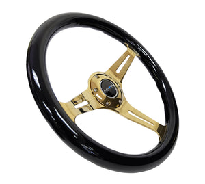 NRG Classic Wood Grain Steering Wheel (350mm) Black Grip w/Chrome Gold 3-Spoke Center