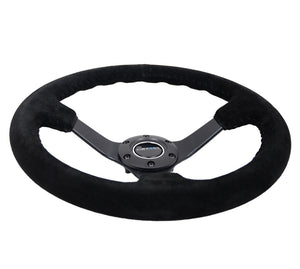 NRG Reinforced Steering Wheel (350mm / 3in. Deep) Blk Suede/Blk Bball Stitch w/5mm Matte Black Spoke